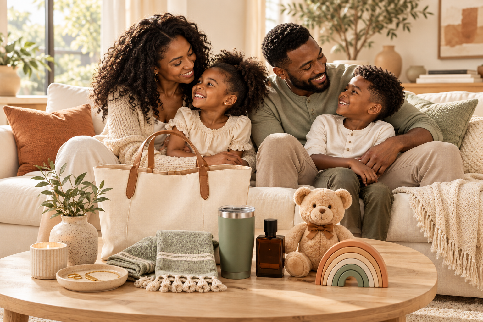 An African American family enjoying time at home with a cream tote, sage tumbler, soft textiles and children’s essentials