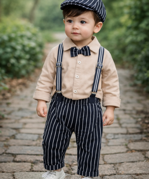 Beige Toddler Suspenders and Bow Tie Suit Set