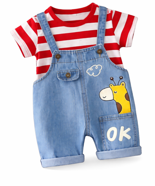 Red Striped Shirt and Giraffe Dungaree Set
