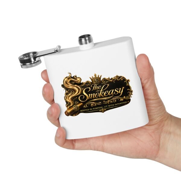 Smokeasy 6oz Stainless Flask — Vintage Gold Cigar Lounge Design