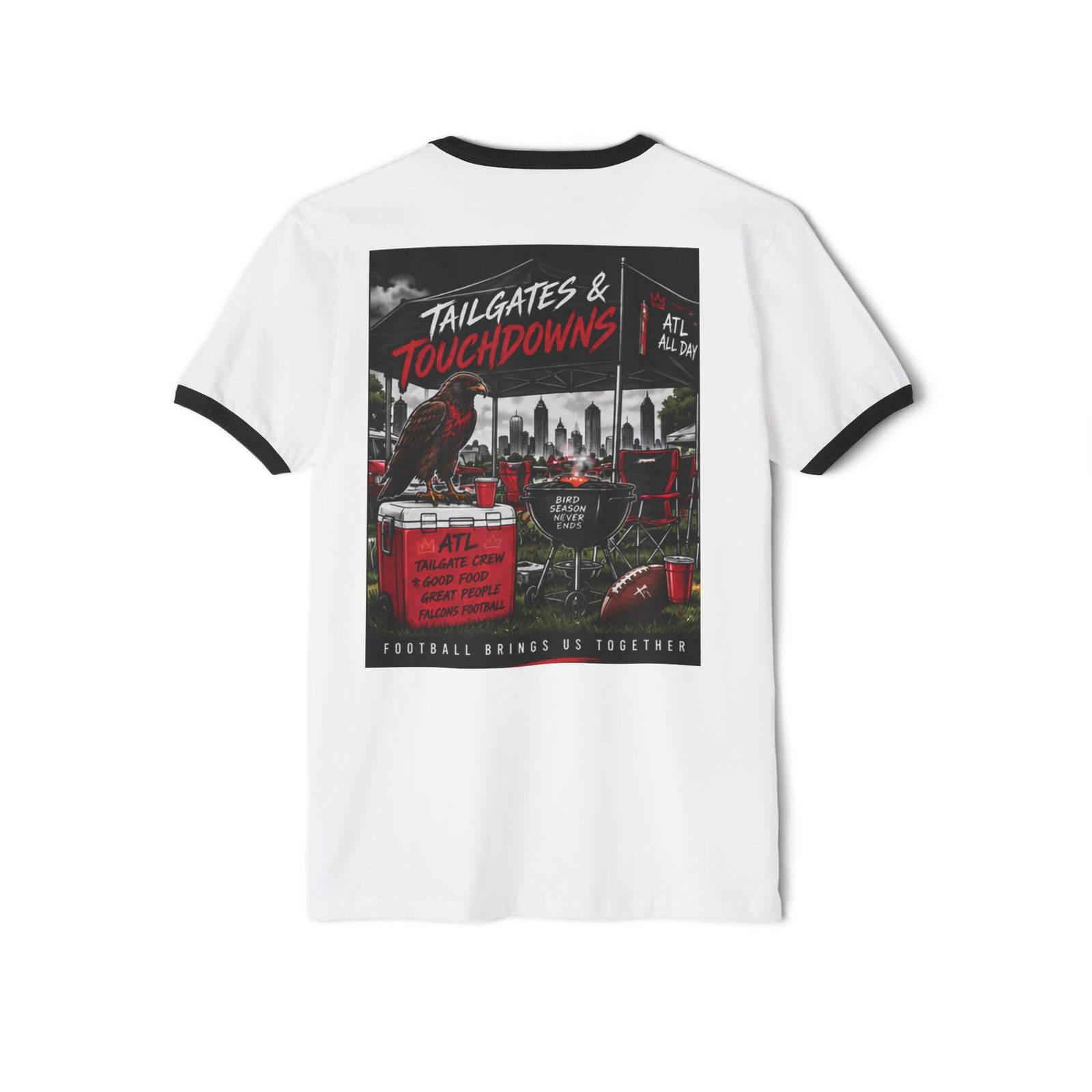 Falcons Tailgate T-Shirt — "Wings. Drinks. Falcons." Retro Ringer Tee for Game Days - Image 3