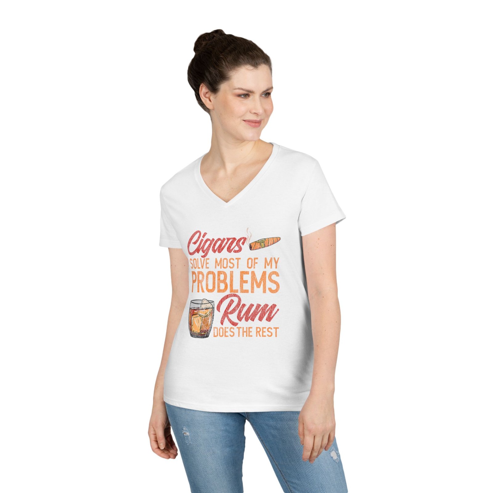 Cigars Solve Most of My Problems Rum Does The Rest V-Neck Tee - Image 4