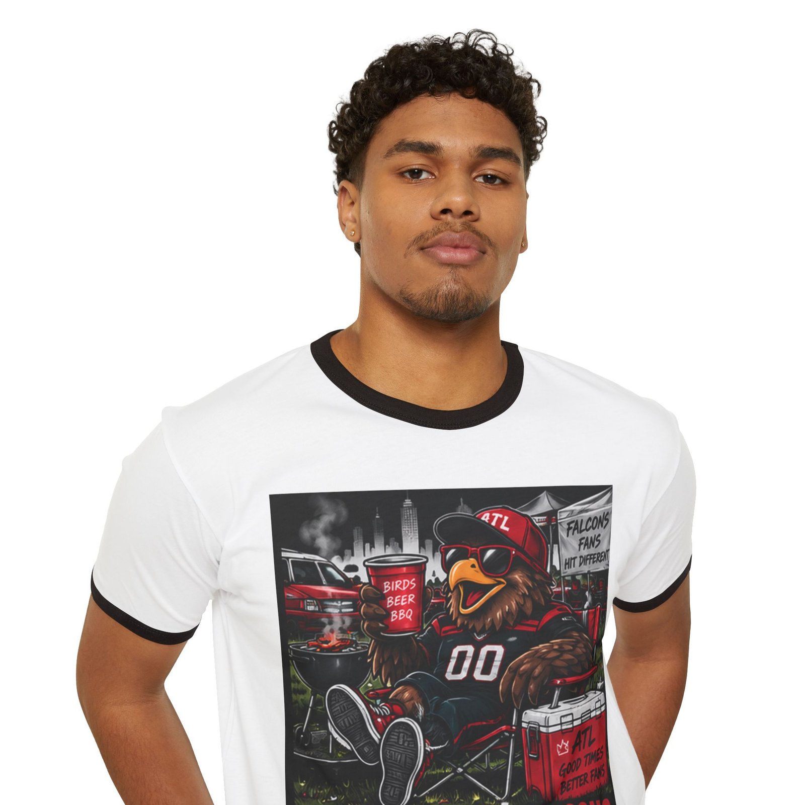 Falcons Tailgate T-Shirt — "Wings. Drinks. Falcons." Retro Ringer Tee for Game Days - Image 6