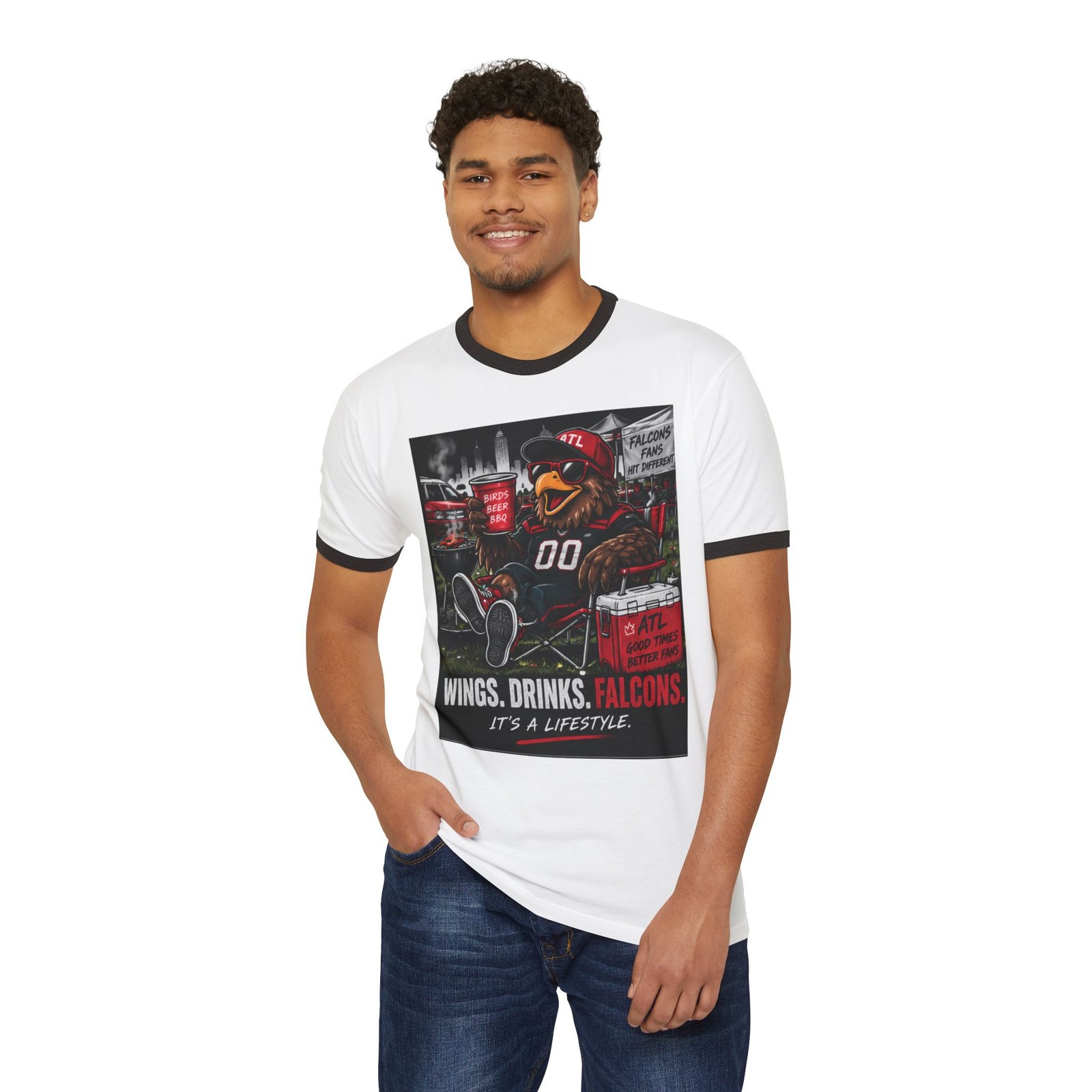Falcons Tailgate T-Shirt — "Wings. Drinks. Falcons." Retro Ringer Tee for Game Days