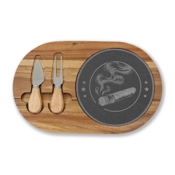 Engraved Cigar & Cheese Charcuterie Board — Bamboo Serving Platter with Slate Inlay and Cheese Knives