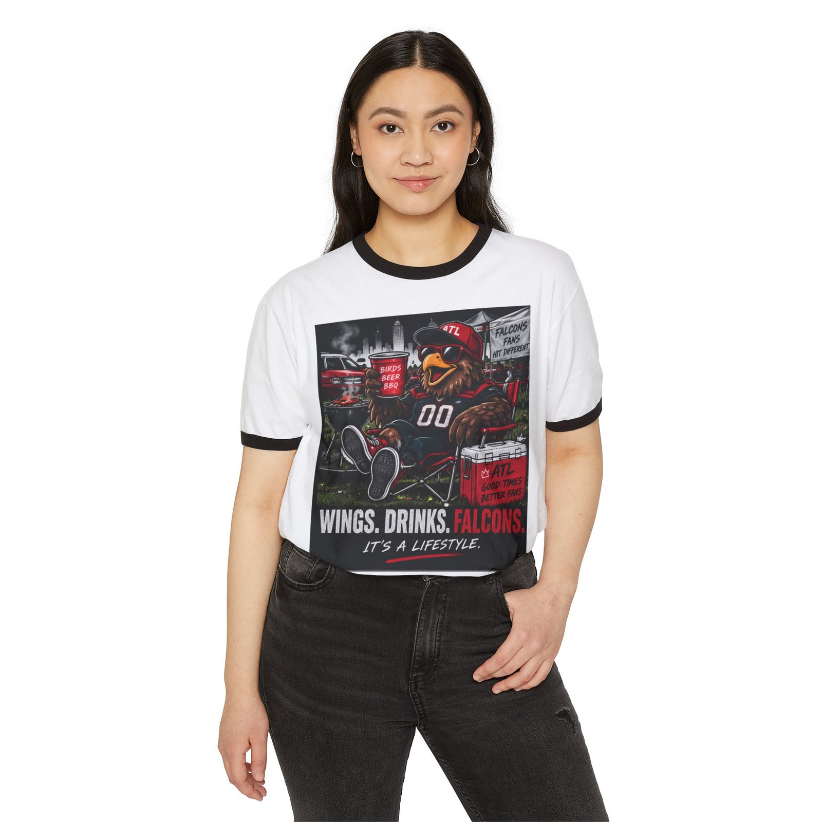 Falcons Tailgate T-Shirt — "Wings. Drinks. Falcons." Retro Ringer Tee for Game Days - Image 4