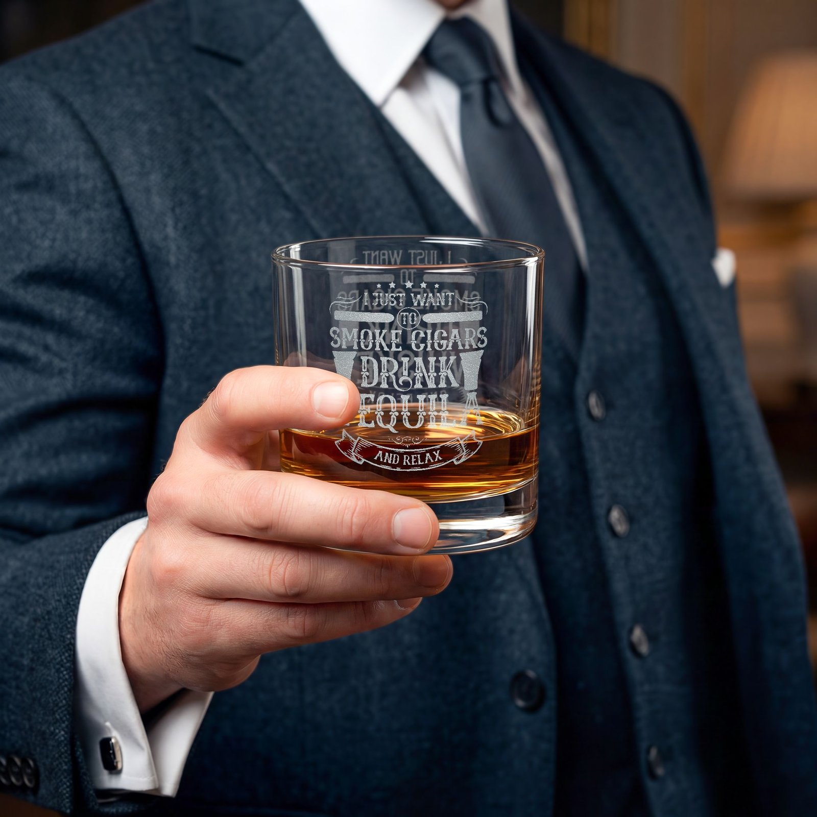 Engraved Whiskey Glass 10.5oz — "I Just Want to Smoke Cigars & Drink Whiskey" Gift