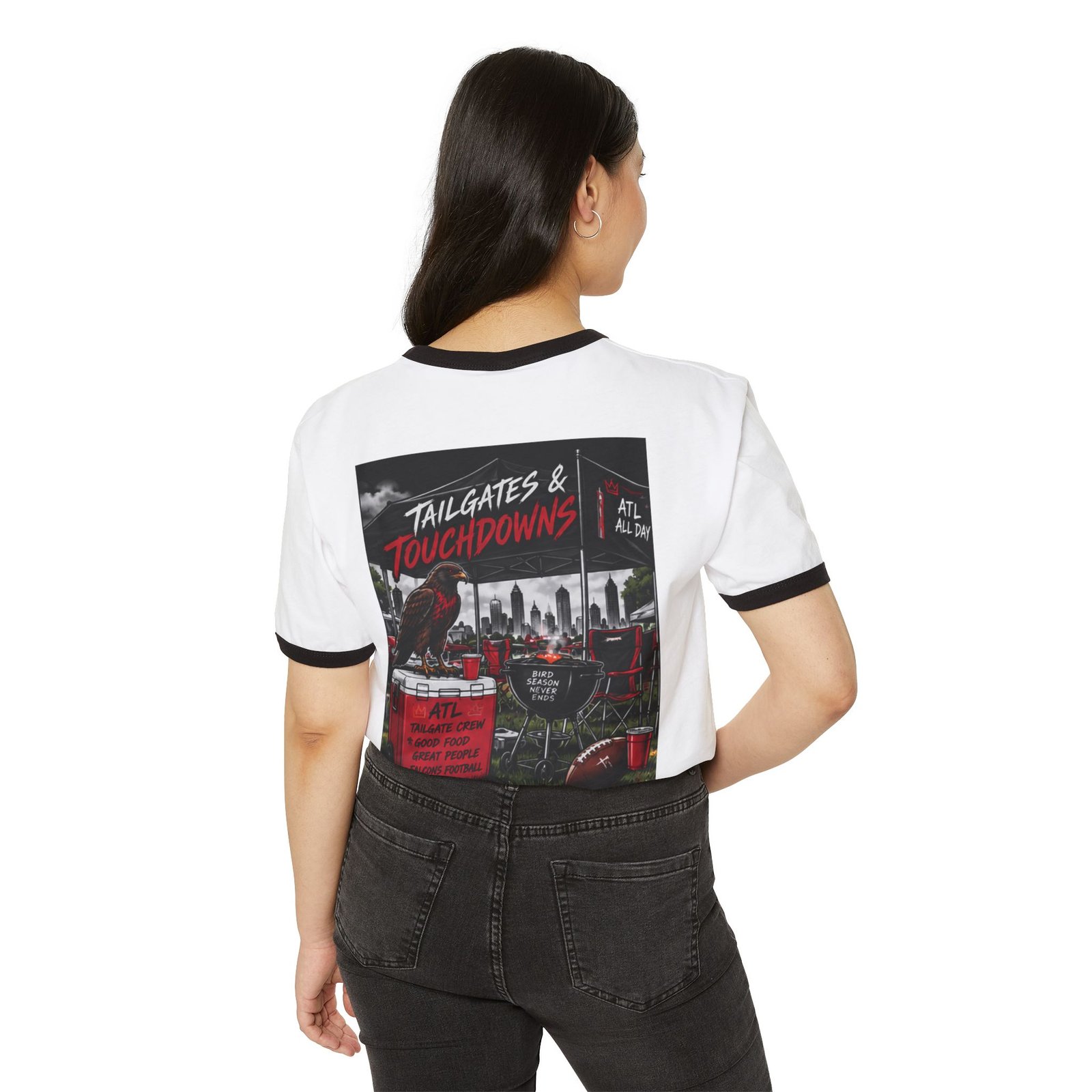 Falcons Tailgate T-Shirt — "Wings. Drinks. Falcons." Retro Ringer Tee for Game Days - Image 5